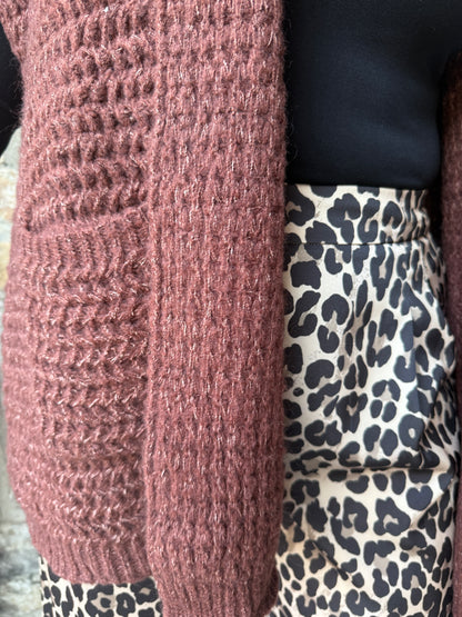 Short Sleeve Open Front Knit Cardigan- Brown