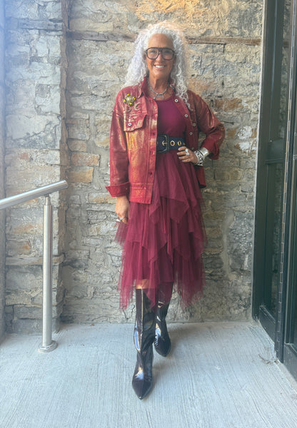 Red Cotton Barn Jacket with Gold Foil Detail
