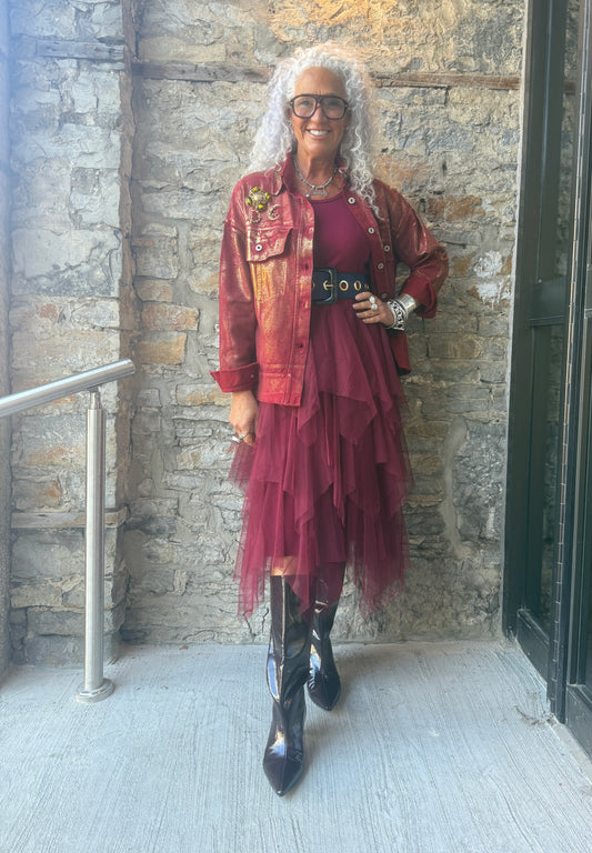 Red Cotton Barn Jacket with Gold Foil Detail