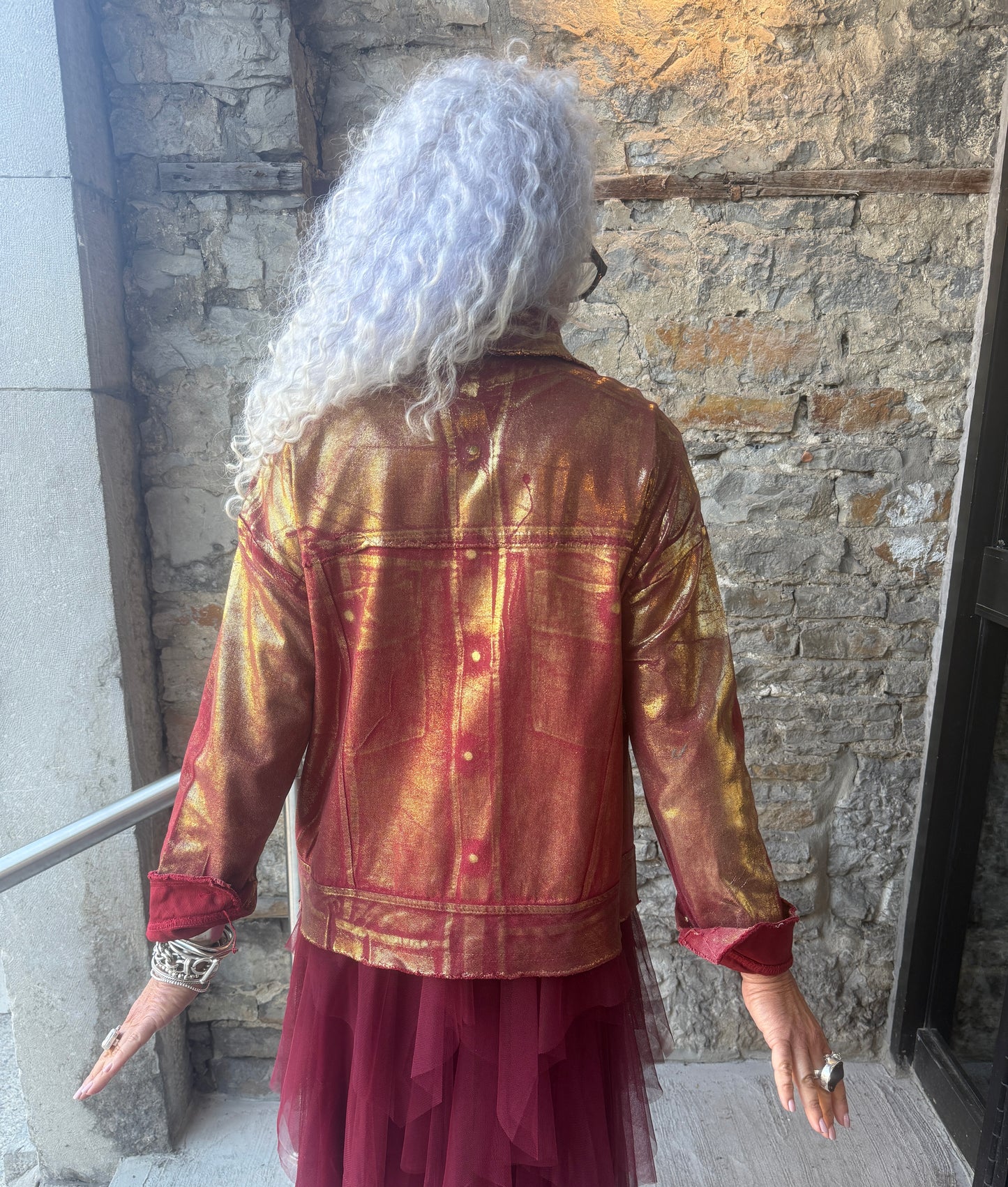 Red Cotton Barn Jacket with Gold Foil Detail