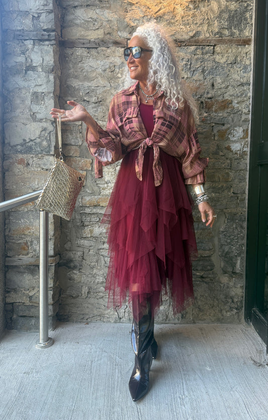 Tank Dress with Tulle Skirt - BURGUNDY