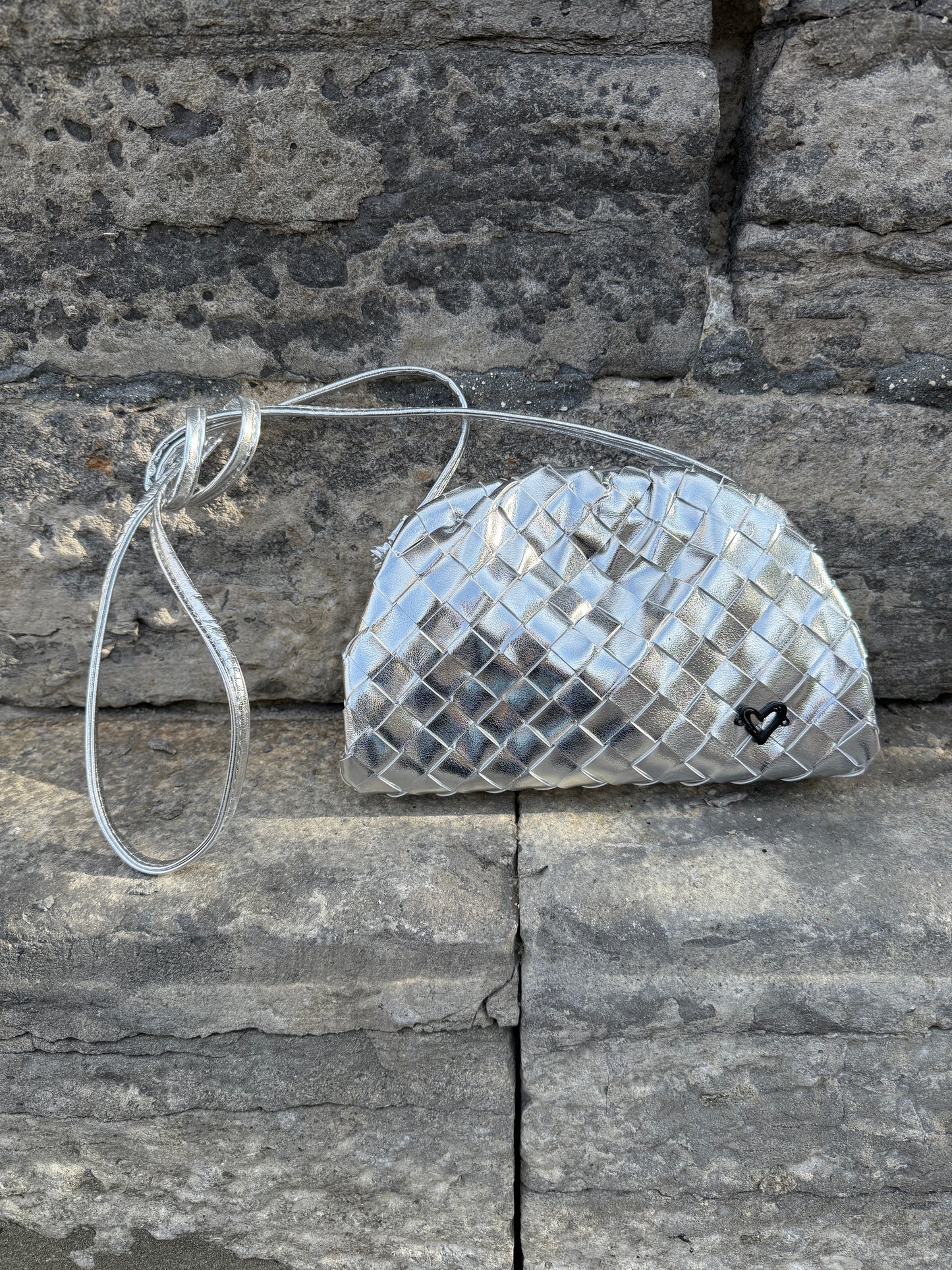Woven Vegan Leather Clutch Bag - SILVER
