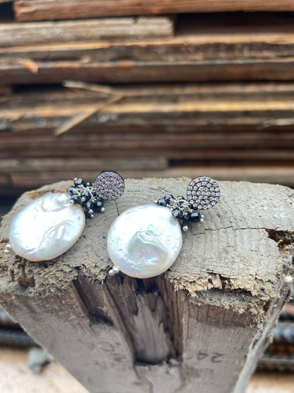 White Biwa Pearl with black semi precious -Earrings