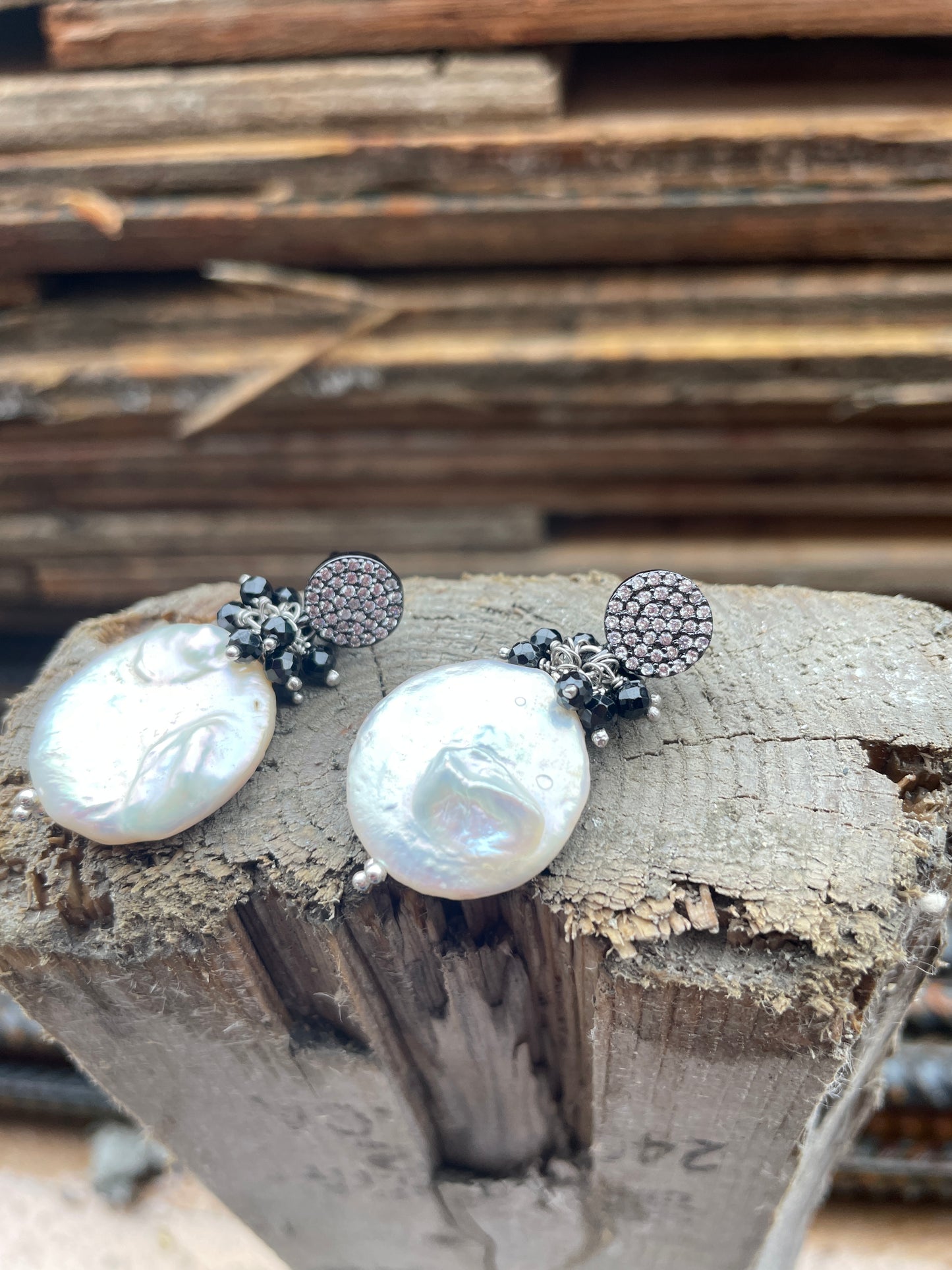 White Biwa Pearl with black semi precious earrings made in CANADA