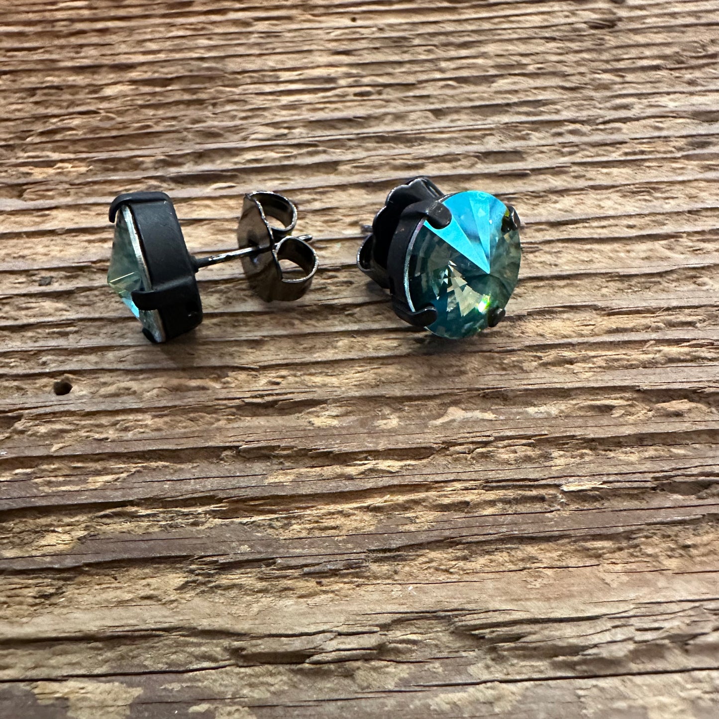 Iridescent Topaz Blue Crystal Studs Matte Black