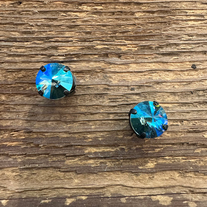 Iridescent Topaz Blue Crystal Studs Matte Black