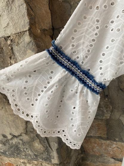 100% Cotton White Eyelet Boho Dress with Denim Blue Trim