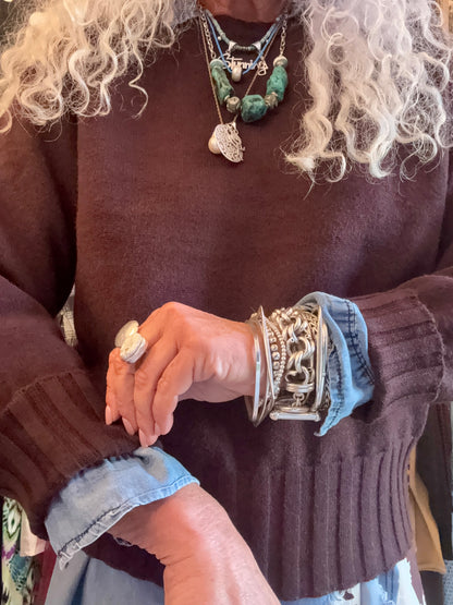 Rib Trim Knit Detail Crew Neck Sweater- Brown