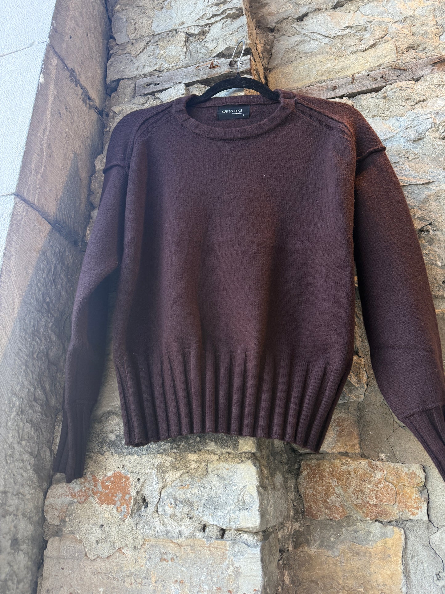 Rib Trim Knit Detail Crew Neck Sweater- Brown
