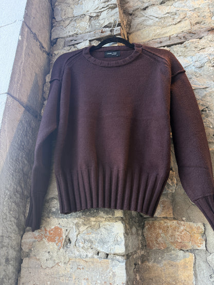 Rib Trim Knit Detail Crew Neck Sweater- Brown