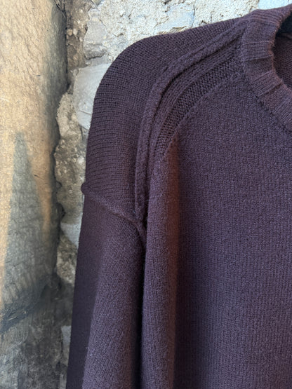 Rib Trim Knit Detail Crew Neck Sweater- Brown