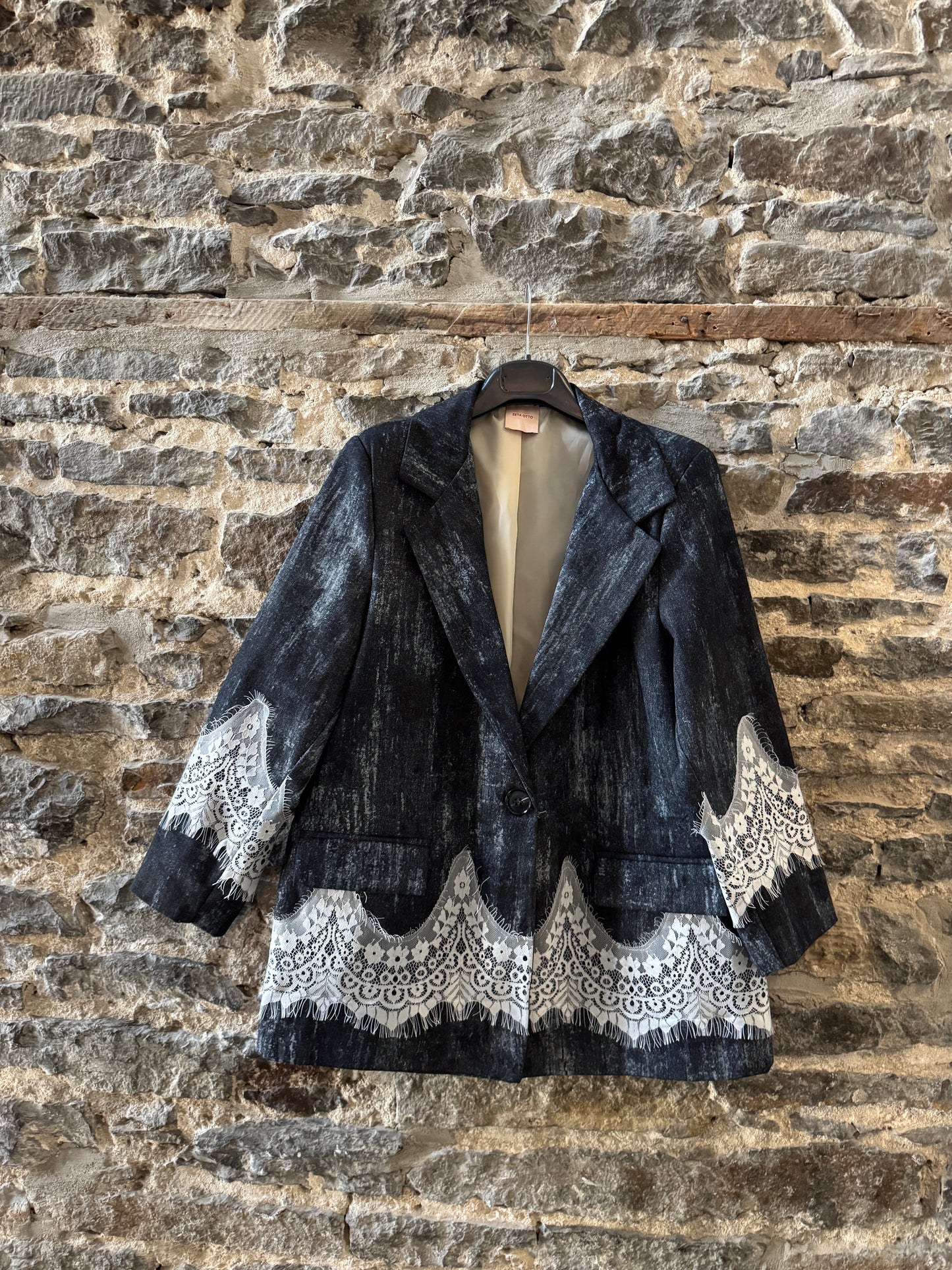 Black Denim Blazer with White Lace Details -Acid Wash