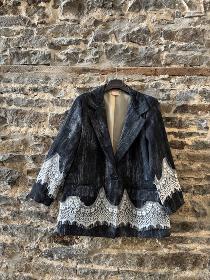 Black Denim Blazer with White Lace Details -Acid Wash