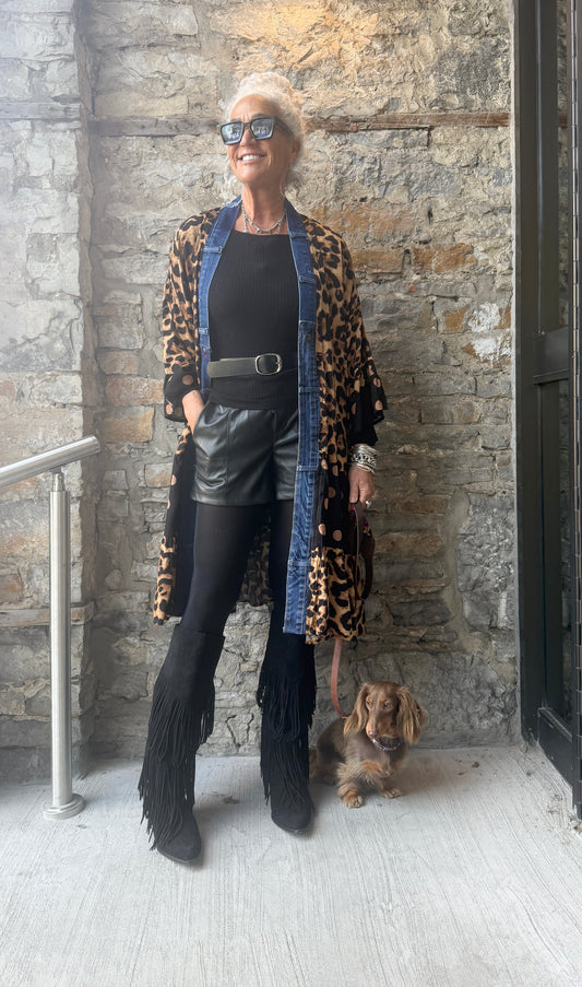 Animal Print Flounce Denim Trim Midi Cardigan