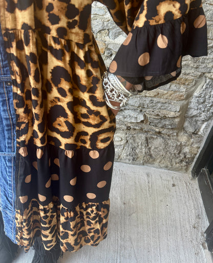 Animal Print Flounce Denim Trim Midi Cardigan