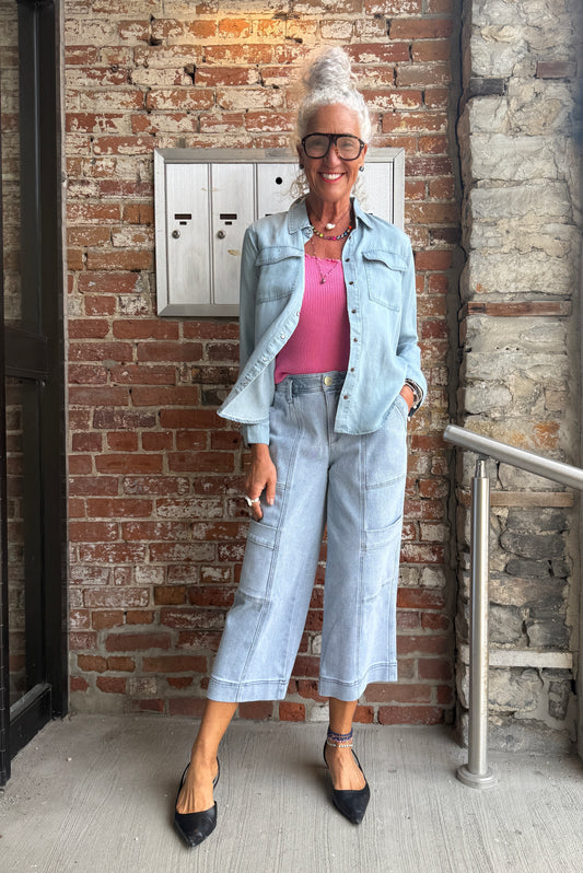 Relaxed Fit Button Front Jean Shirt - Light Denim