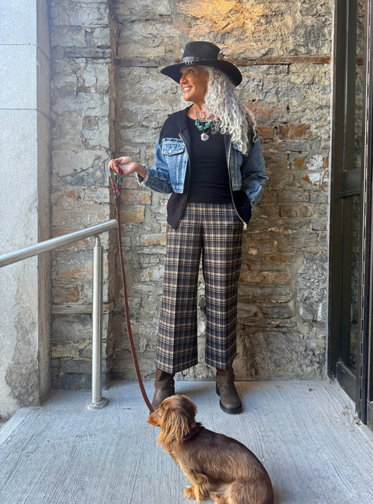 Plaid Wide Leg Cropped Ponte Pants