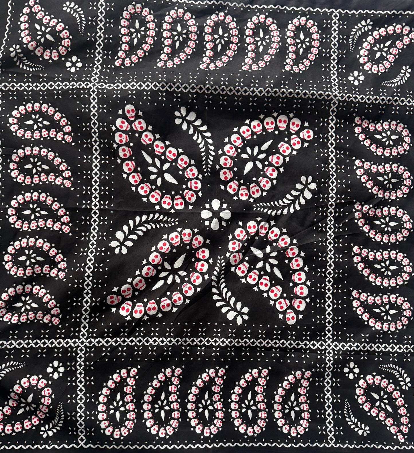 100% Cotton Square Black White Red Scarf- Bandana Print with Skulls