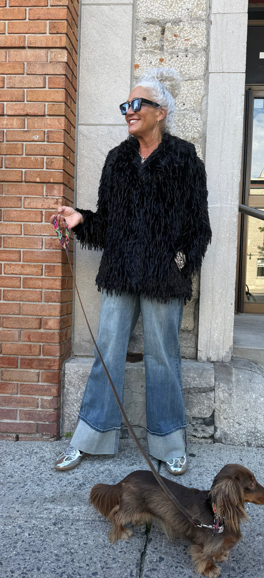 Black Shaggy Faux Feather Jacket Coat