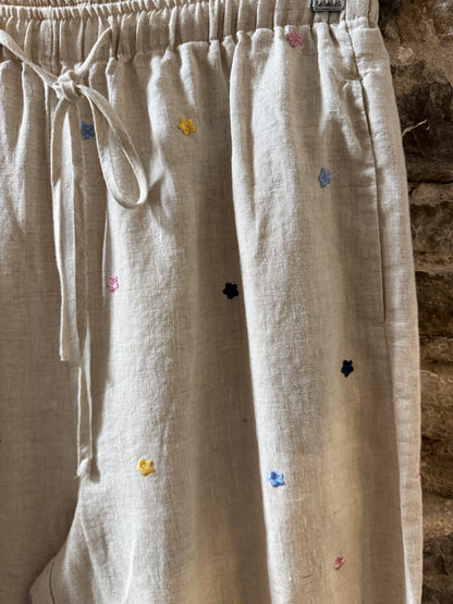 100% Linen Relaxed Pant with Pockets- Natural with Multi Colour Embroidery