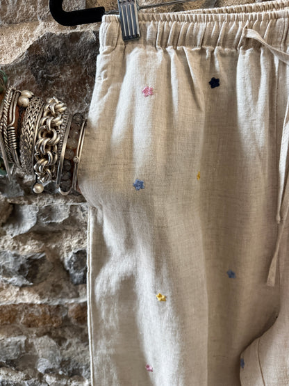 100% Linen Relaxed Pant with Pockets- Natural with Multi Colour Embroidery