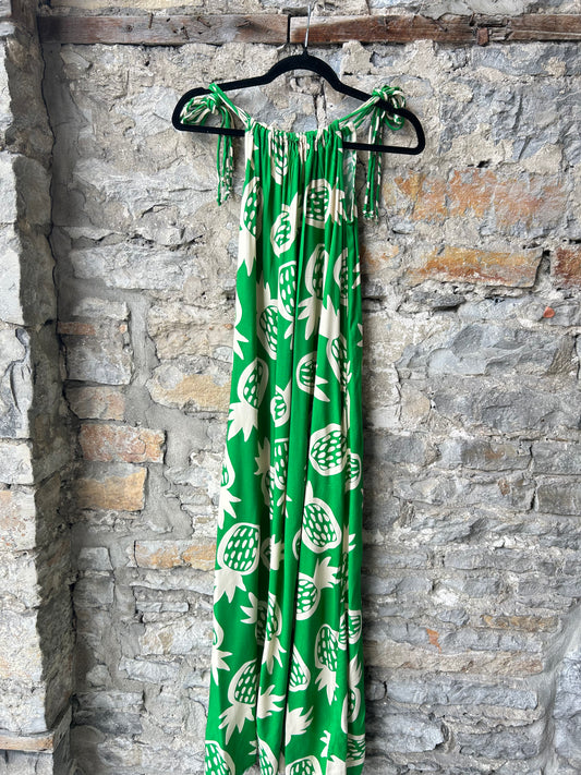 Emerald Green Spaghetti Strap Maxi Sundress POCKETS - Beige Pineapple Pattern
