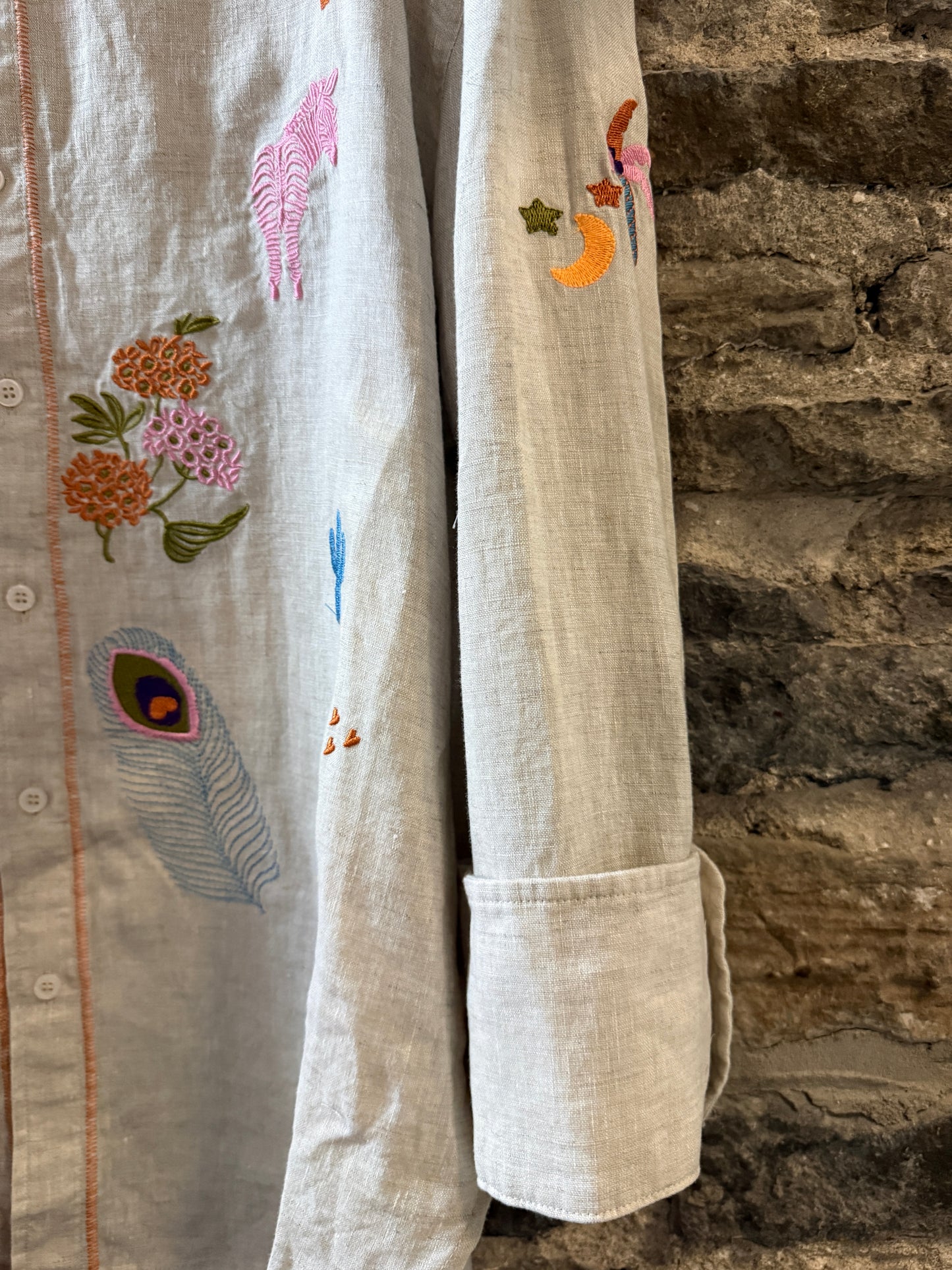 Oversized 100% Linen Shirt with Multi Colour Embroidery- Natural
