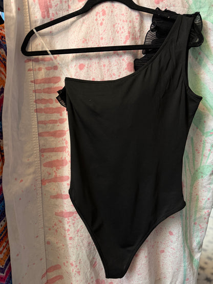 Black One Shoulder Ruffle Bodysuit