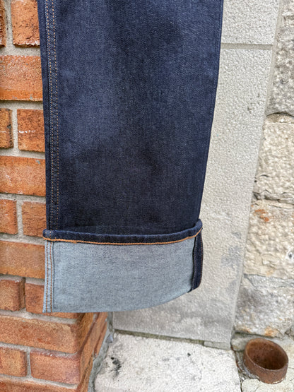 Mid Waist Straight Leg Cuffed Jean- DARK DENIM