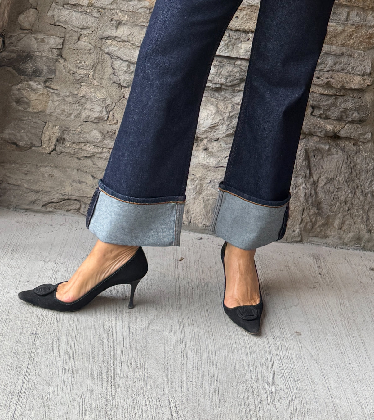 Mid Waist Straight Leg Cuffed Jean- DARK DENIM