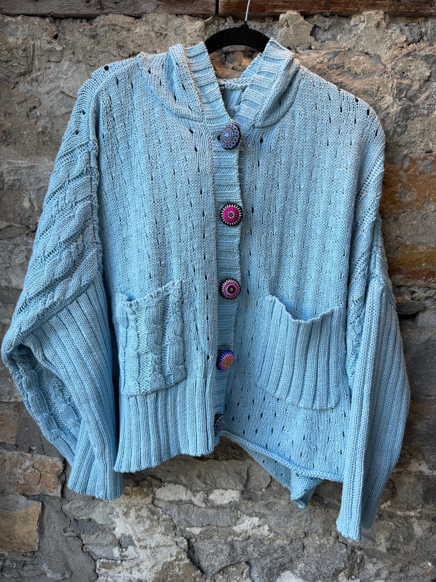 100% Cotton hoody cardigan with bright coloured buttons- ICE BLUE