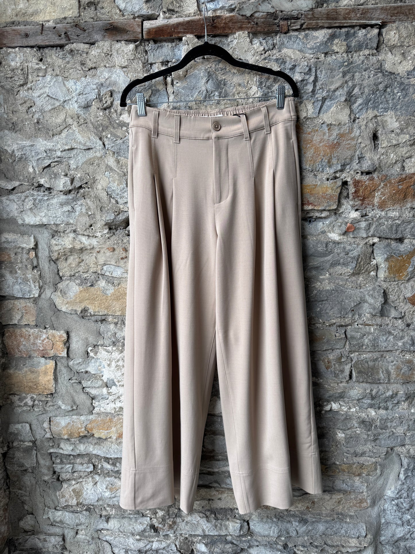 High Waisted Pleated Crop Wide Leg Trouser- TAN
