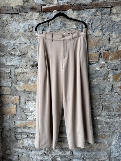 High Waisted Pleated Crop Wide Leg Trouser- TAN