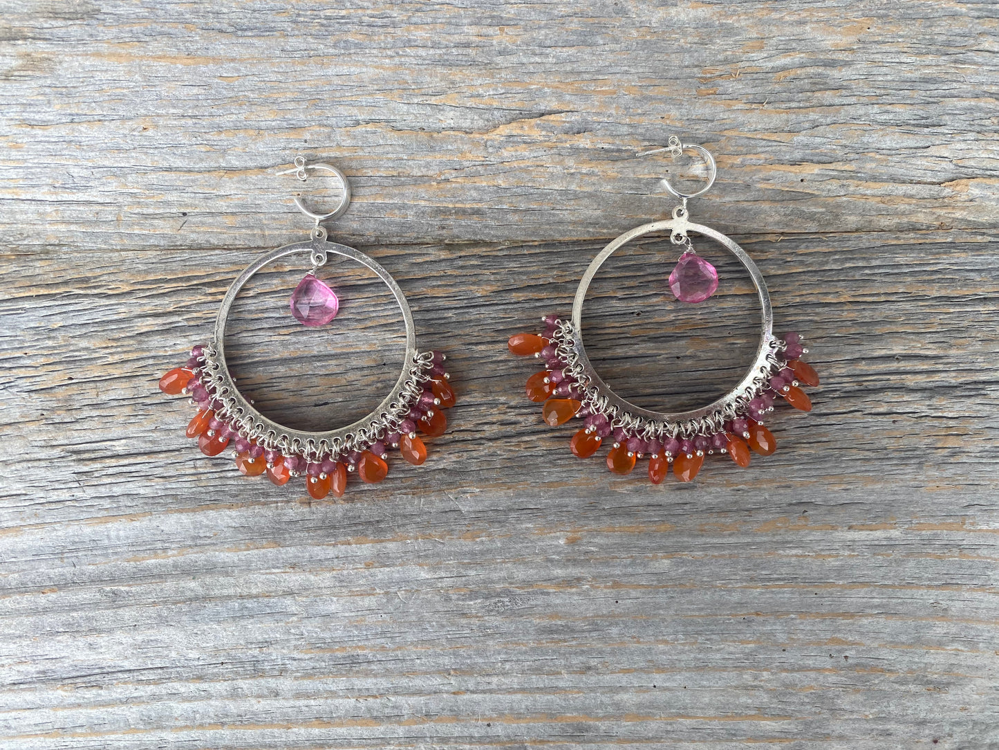 Handmade in Canada Chandelier Hoop Earrings with Semi Precious Stones -Tourmaline and Carnelian