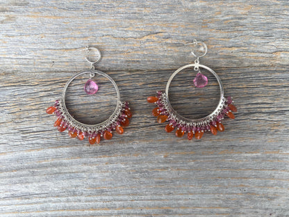 Handmade in Canada Chandelier Hoop Earrings with Semi Precious Stones -Tourmaline and Carnelian