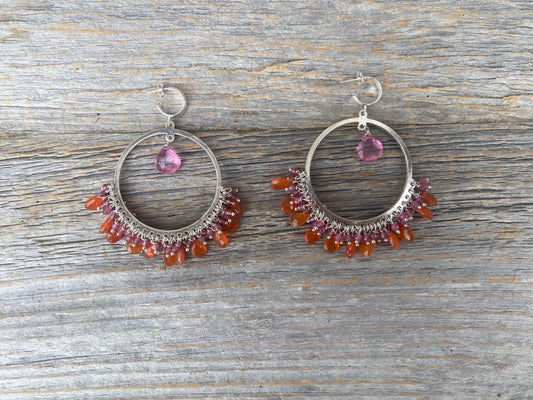 Handmade in Canada Chandelier Hoop Earrings with Semi Precious Stones -Tourmaline and Carnelian