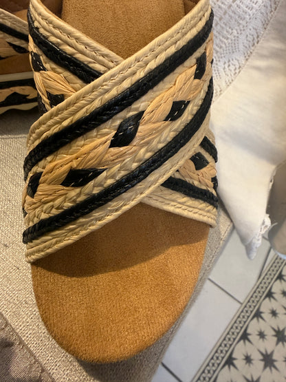 Raffia Platform Slide Sandals - Natural and Blac