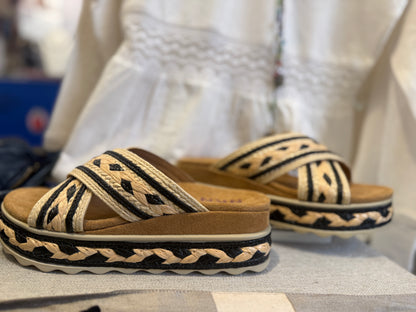 Raffia Platform Slide Sandals - Natural and Blac