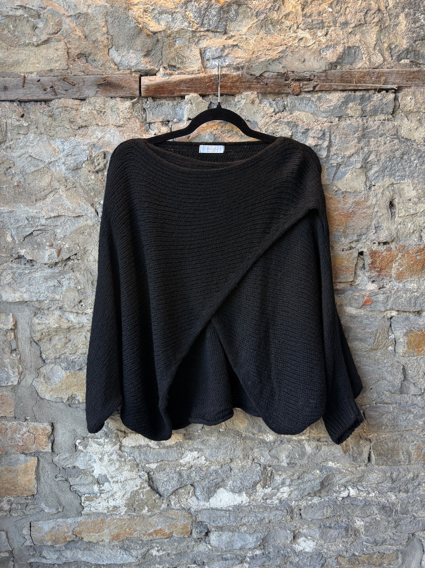 Wide Neck Cross Front Oversized Knit Sweater- BLACK