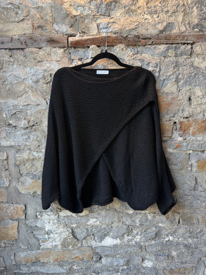 Wide Neck Cross Front Oversized Knit Sweater- BLACK