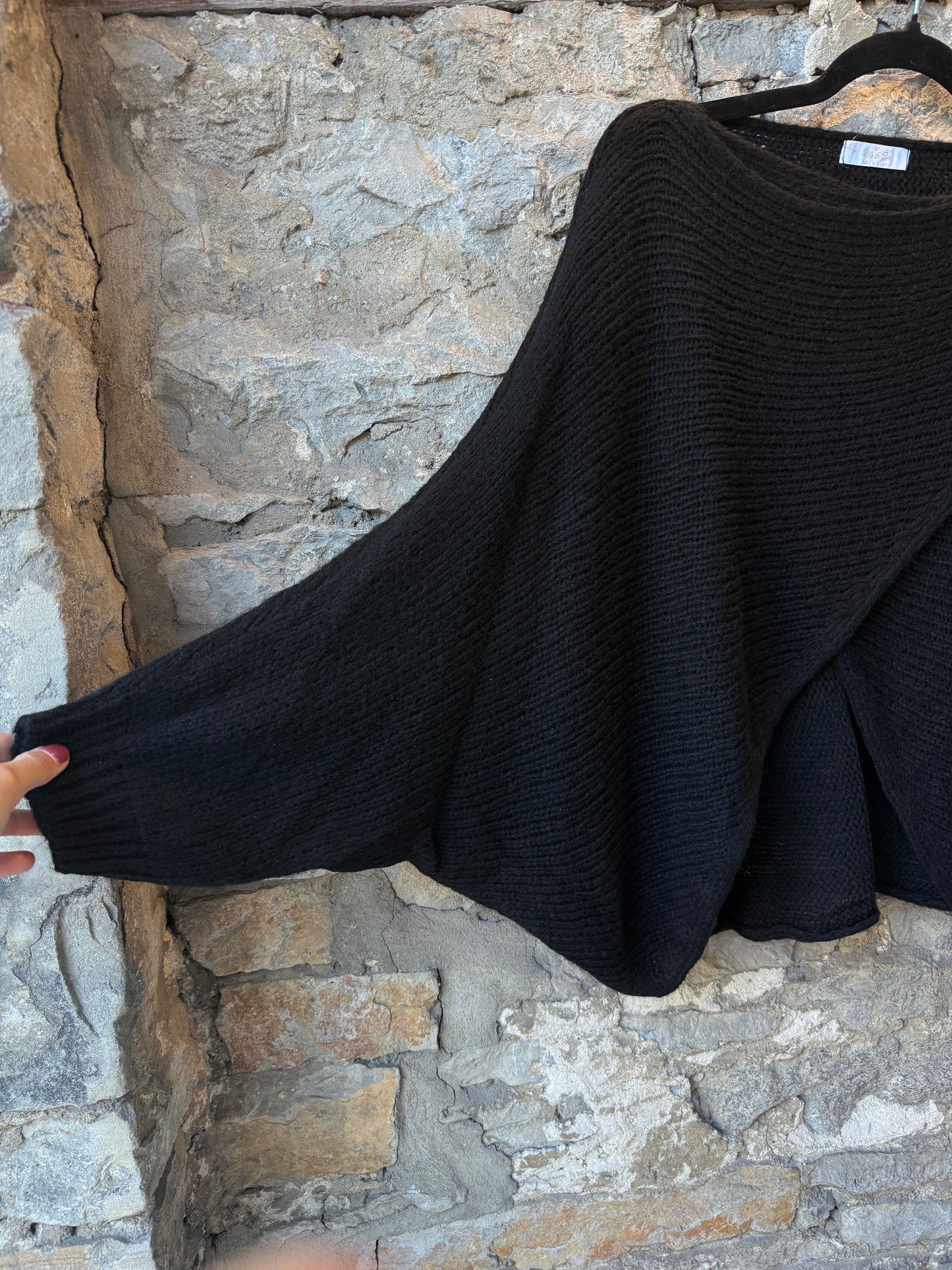 Wide Neck Cross Front Oversized Knit Sweater- BLACK