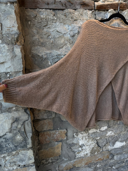 Wide Neck Cross Front Oversized Knit Sweater- TAN