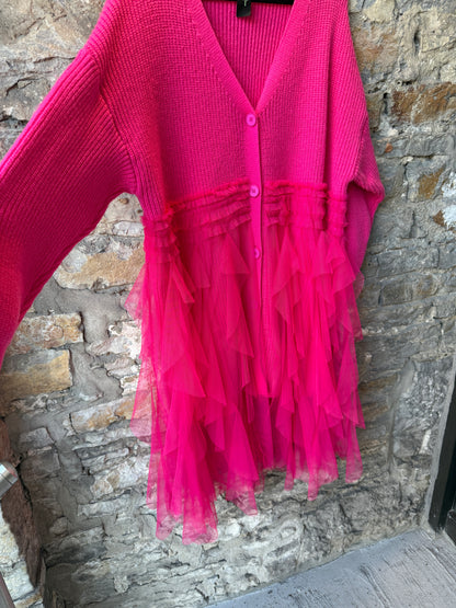 Knit Cardigan with Midi Length Tiered Tulle Skirt-HOT PINK