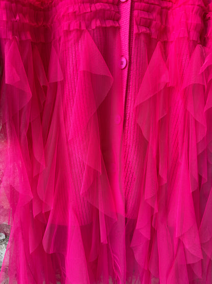 Knit Cardigan with Midi Length Tiered Tulle Skirt-HOT PINK