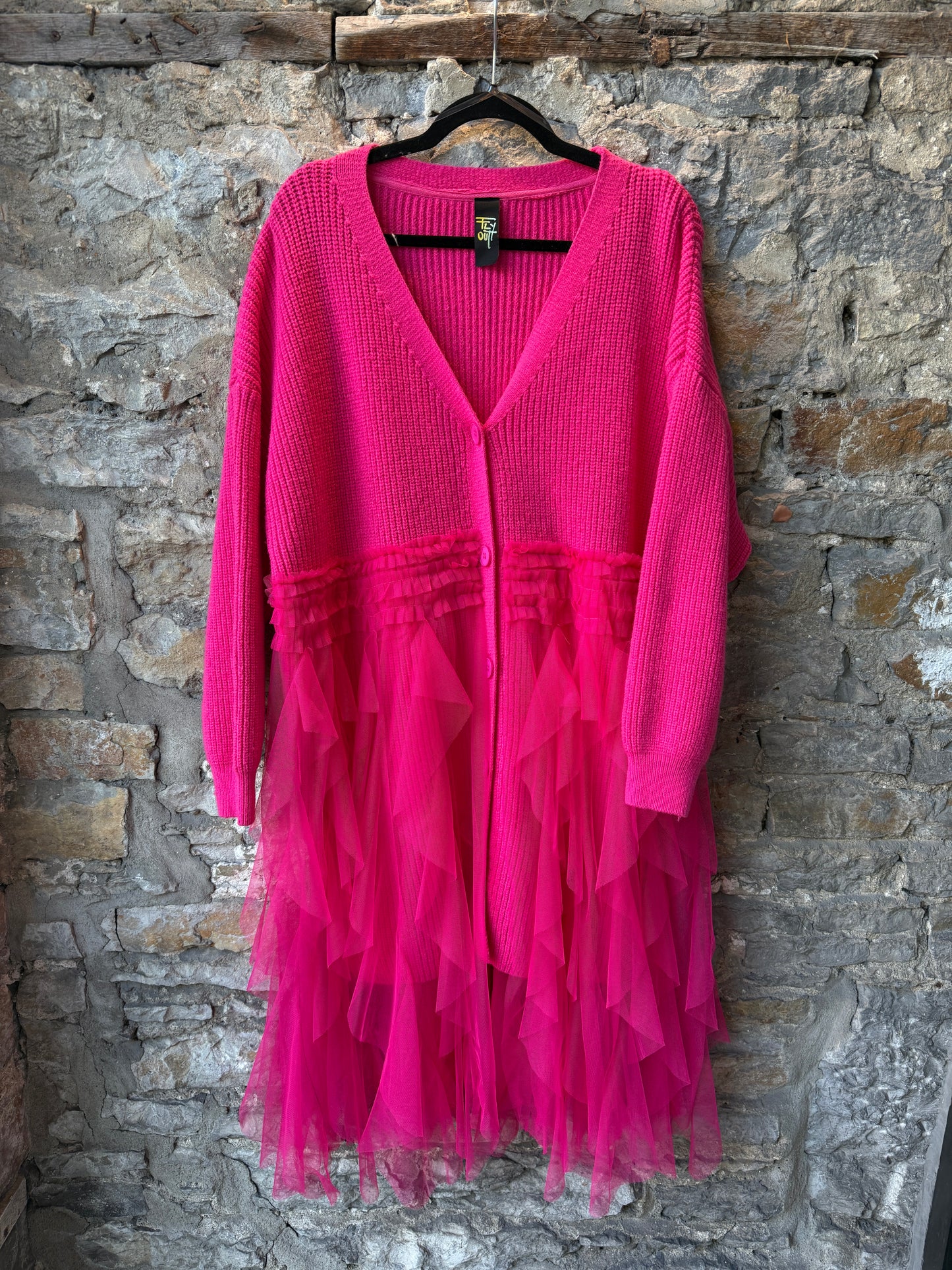 Knit Cardigan with Midi Length Tiered Tulle Skirt-HOT PINK