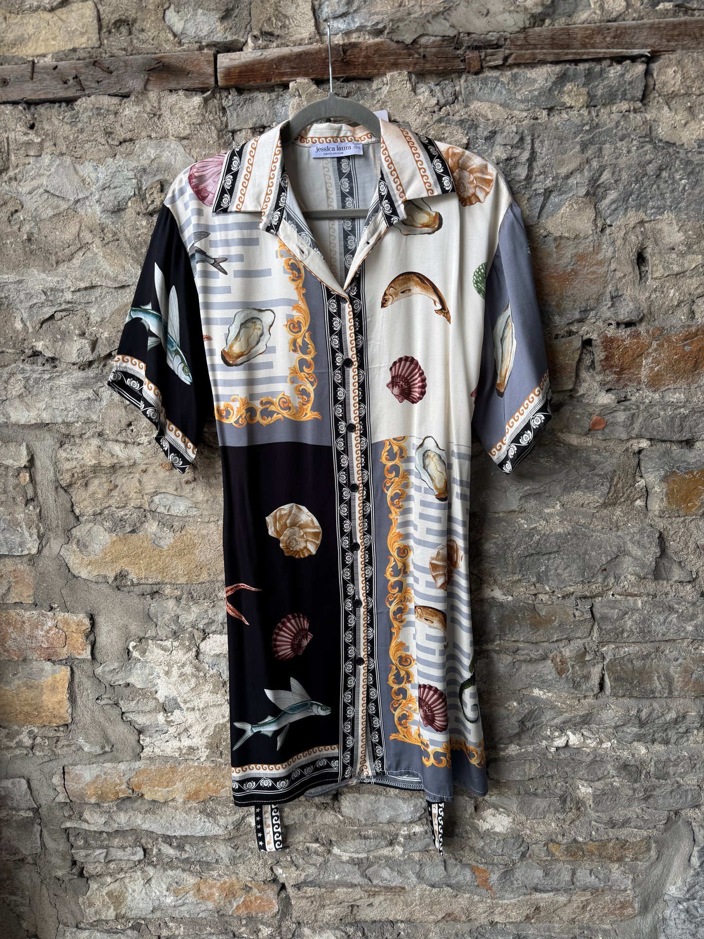 Silk Seashell Printed Shirt Dress with Belt - BLACK