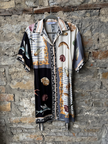 Silk Seashell Printed Shirt Dress with Belt - BLACK