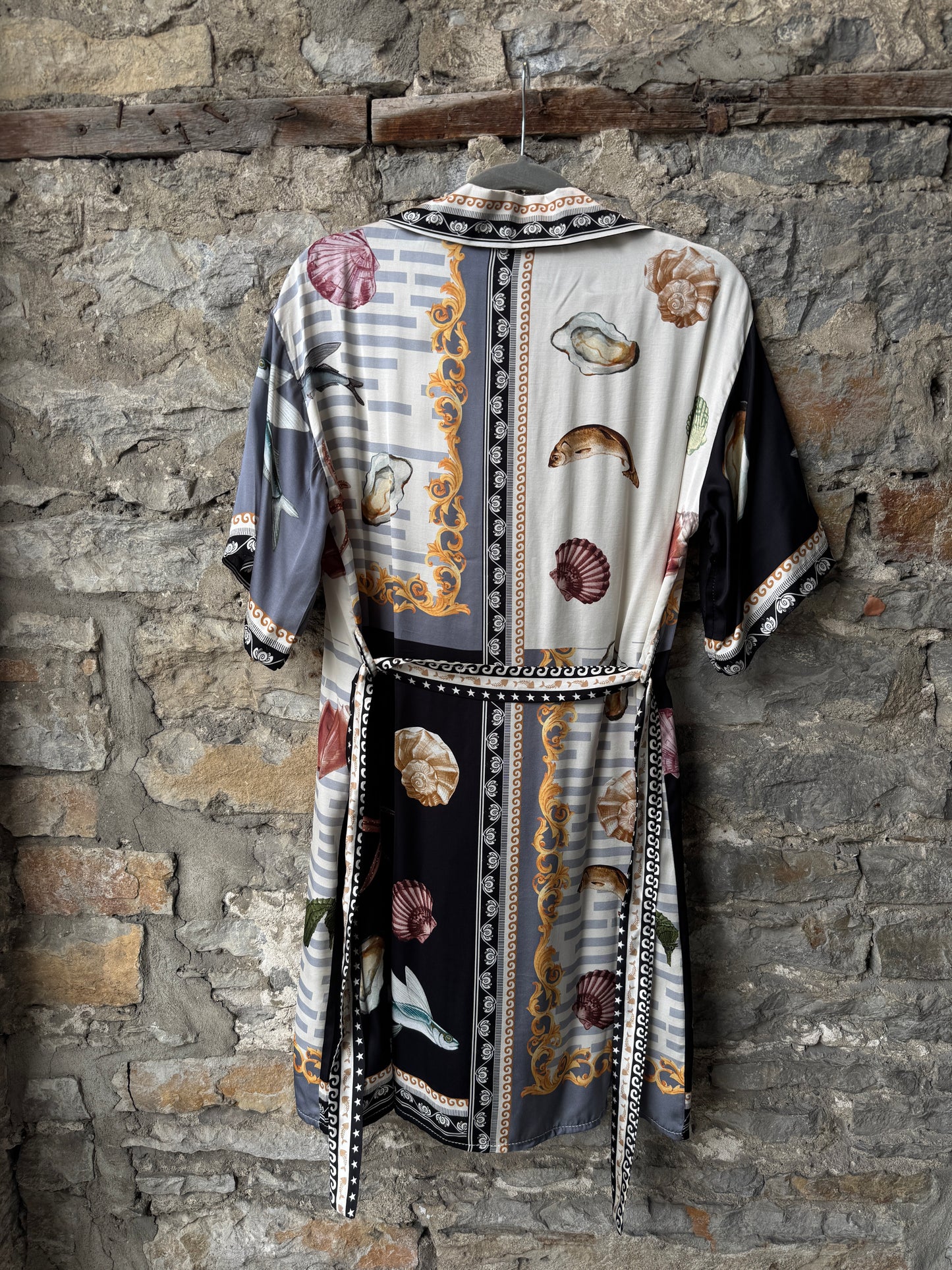 Silk Seashell Printed Shirt Dress with Belt - BLACK