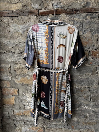 Silk Seashell Printed Shirt Dress with Belt - BLACK