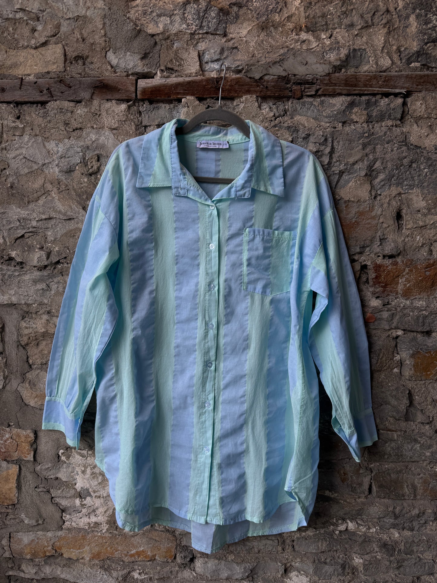 100% Cotton Lightweight Thick Striped Shirt - BLUE & GREEN